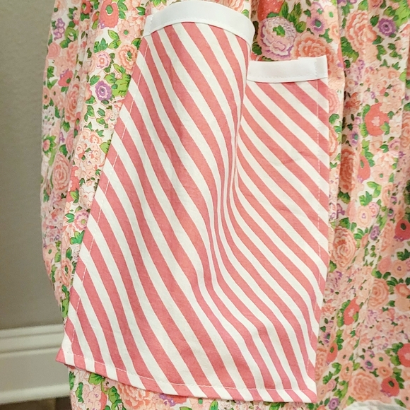 Floral & Stripes Vintage Cottage Kitchen Half Apron, Pink, White Size M-XL - Picture 3 of 5